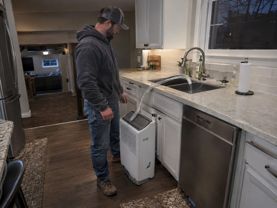 A dehumidifier draining into a sink with a hose, seen in a quiet kitchen at night at a split-level home with a finished basement in the Missouri Northland in Kansas City, MO