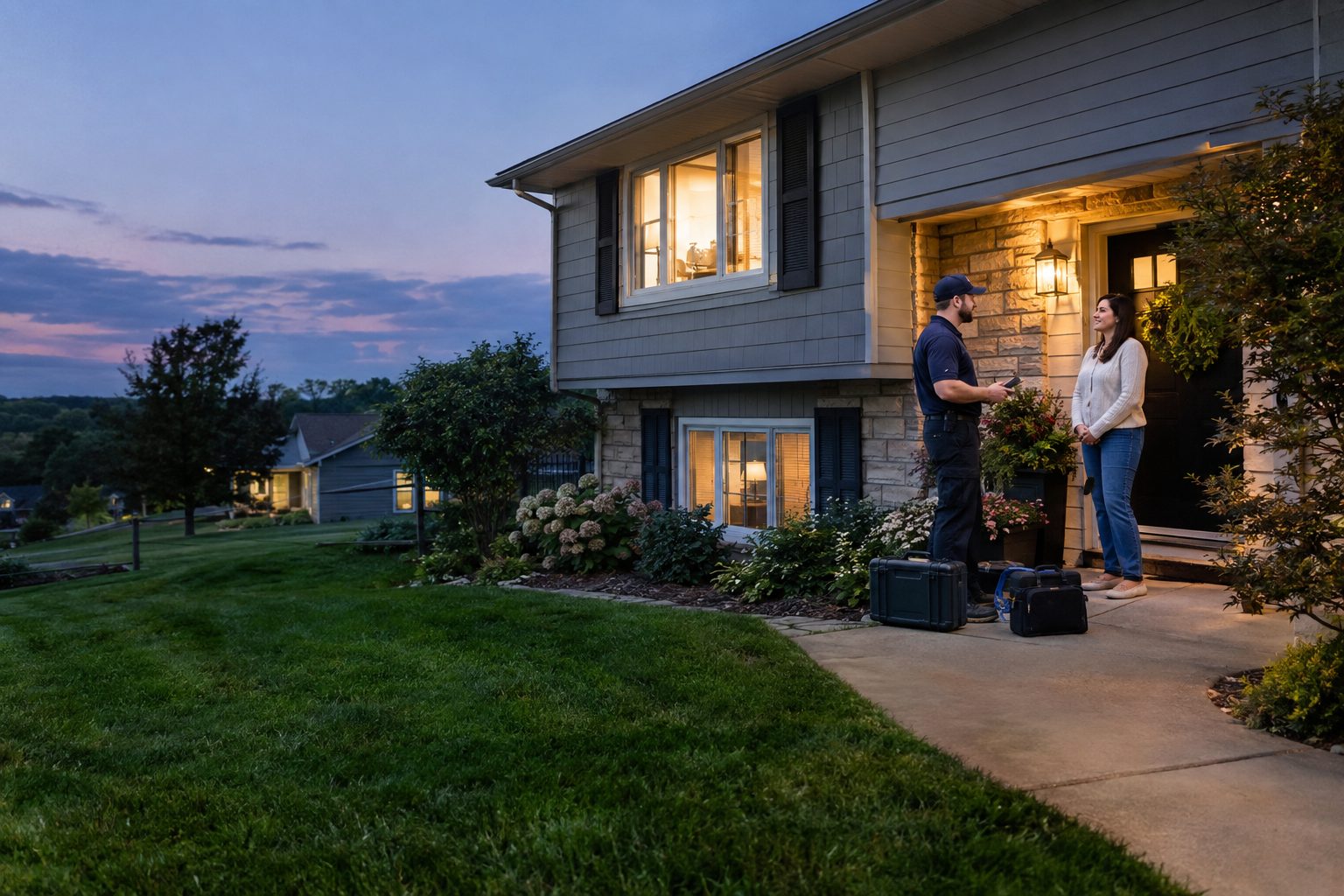 A technician standing on the porch talking to a homeowner, equipment cases at their feet at a split-level home with a finished basement in the Missouri Northland in Kansas City, MO